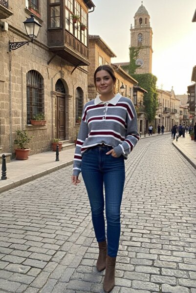 TrendParis Πουλόβερ με ριγέ γιακά πόλο με κουμπιά στο μπροστινό μέρος