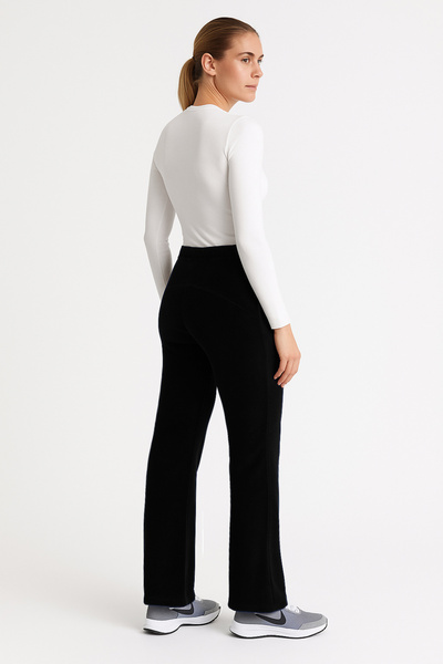 Cottonland Women's Dione Flare Cut High Waist Wide Leg Fleece Pants Black