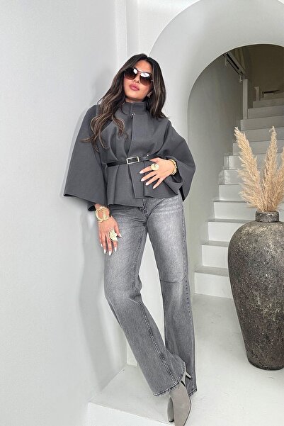 Sohotique By P Kaşe Fabric Belted Poncho Gray