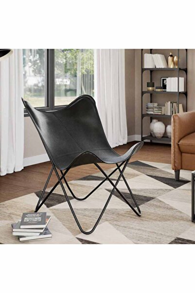 vidaxl Butterfly Chair Black Real Leather