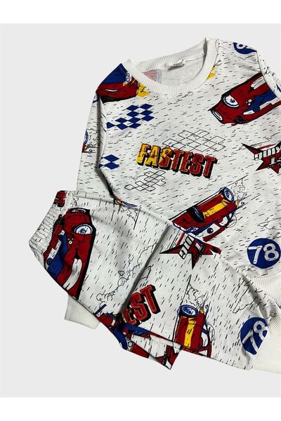 ALİŞ KİDS Boy's Cotton Fleece-Lined White Car Patterned Long Sleeve Winter Pajamas Set