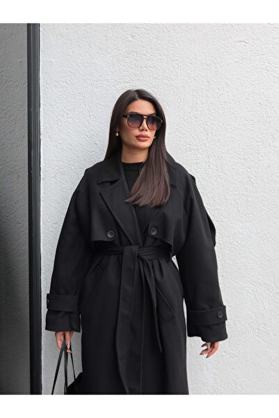 ESRAHELVACI Apolet Detay Kuşaklı Uzun Kaban