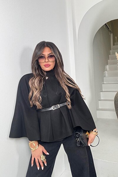 Sohotique By P Kaşe Fabric Belted Poncho Black