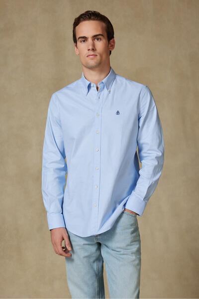 Abbate Luca Oxford Stretch Cotton Blend Comfort Fit Blue Button down Collar Men's Plain Shirt