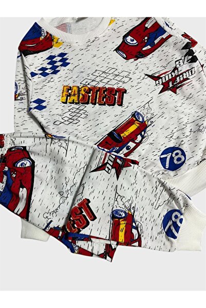 ALİŞ KİDS Boy's Cotton Fleece-Lined White Car Patterned Long Sleeve Winter Pajamas Set