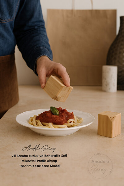 Anadolu Saray 2li Bambu Tuzluk ve Baharatlık Seti - Mıknatıslı Pratik Ahşap Tasarım Kesik Kare Model