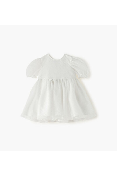 Juniors فستان محكم ذو رقبة دائرية وأكمام منتفخة