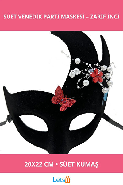 Letsii Siyah İncili Taşlı Süet Venedik Parti Maskesi