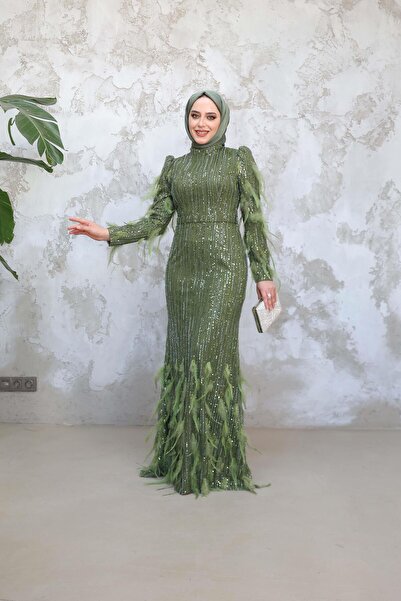 Hülya Keser Özel Tasarım Tüy Detay Abiye - Haki