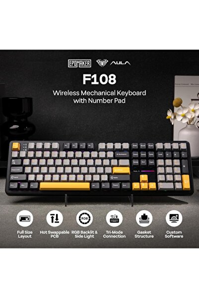 Epomaker Aula F108 Full-Size Wireless Mechanical Gaming Keyboard (Grey & Yellow)
