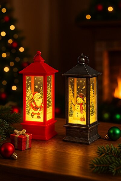 Deco Elit LED Işıklı Noel Feneri 2’li Set – Noel Baba & Kardan Adam Temalı Dekoratif Yılbaşı Lambası 14 Cm