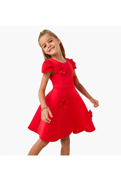 Juniors Floral Applique A-line Dress with Cap Sleeves and Zip Closure