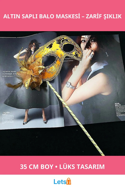 Letsii قناع حفلات راقية بمقبض حجري فاخر لون ذهبي 35 سم