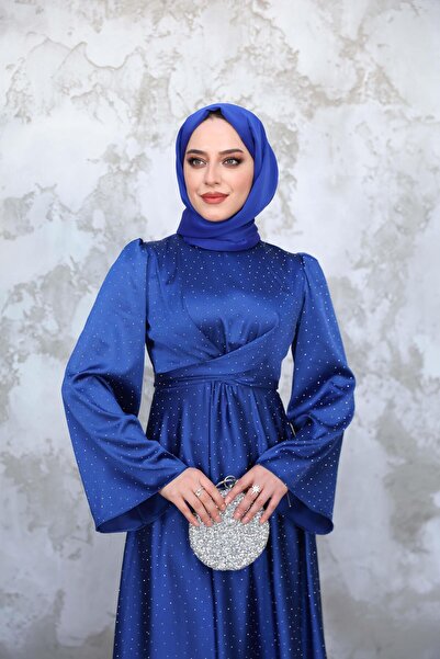 Hülya Keser Taş Baskılı Kobe Saten Abiye - Saks Mavi