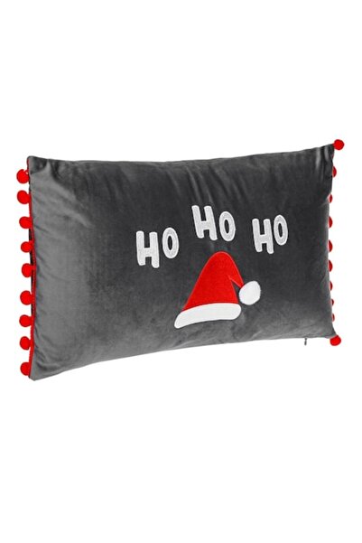 OEM Christmas Decorative Pillow, Anthracite, Embroidered Santa Hat, Red Pom-poms, 50x30cm, Polyester
