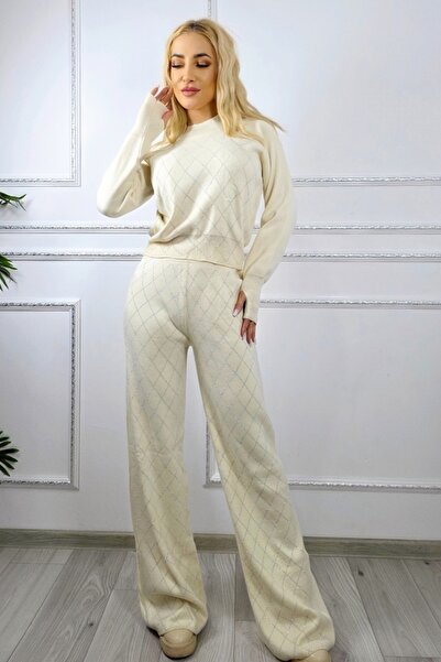 FashionForYou Rewe Mirage wool and sequin set, pants and jersey, Cream, Size S/M/L