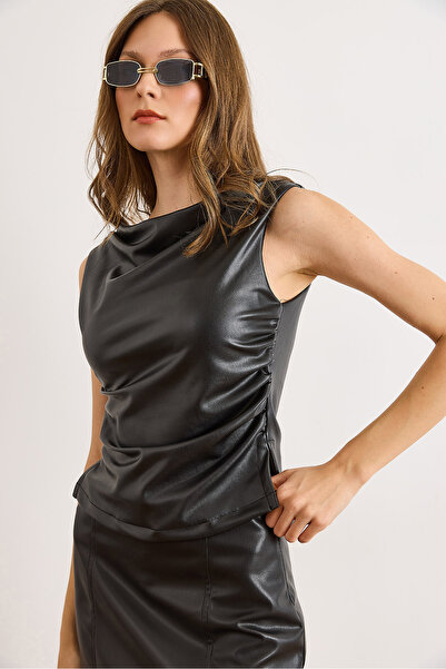 Olalook Women's Black Half Lined Hidden Zipper Fleece-Lined Faux Leather Blouse Blz-19003150