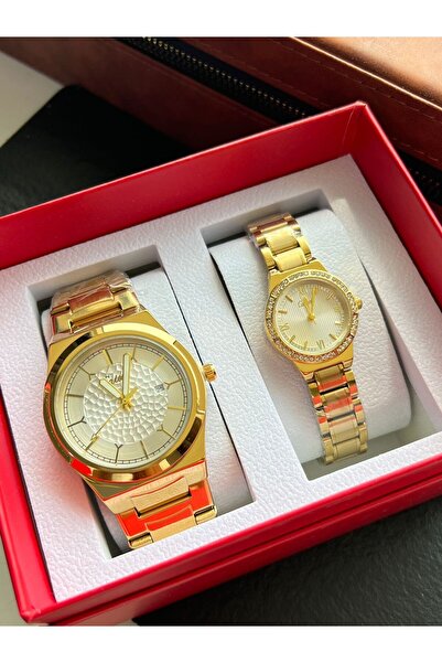 catera Men's and women's watch set, gold-tone steel, white dial