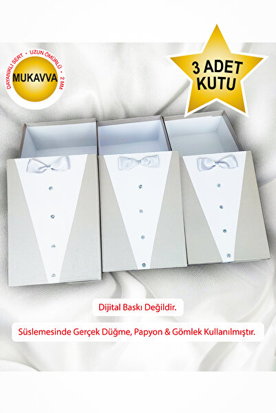 shop 3’lü Gümüş Damat Bohça Kutusu – Gerçek Gömlek Düğme Papyon Süslemeli Çey...