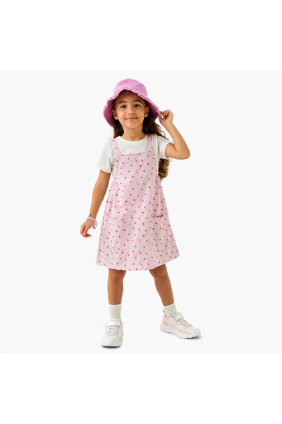 Juniors Floral Print Pinafore Dress and T-shirt Set