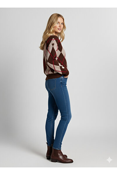 Ulino Long Sleeve Crew Neck Diamond Pattern Fleece-Lined Sweater