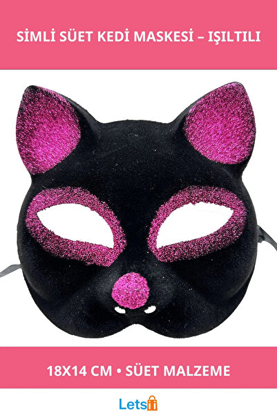 Letsii قناع قطة من جلد الغزال باللون الأسود الفوشيا اللامع مقاس 18 × 14 سم