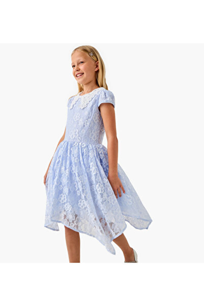 Juniors Lace Detail Asymmetric Dress with Cap Sleeves