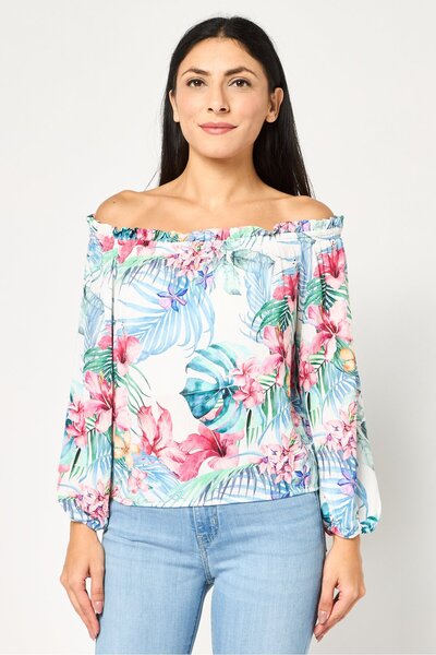 MOHITO Women Off-Shoulder Neckline Long Sleeve Floral Print Top, Multicolor