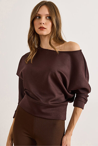 Olalook Women's Bitter Brown Boat Neck Modal Buttoned Flowy Blouse Blz-19003133