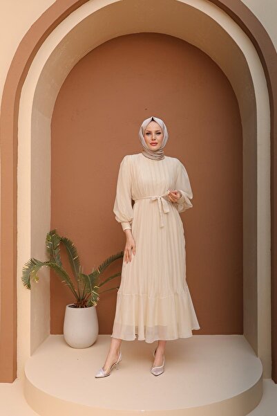 Hülya Keser Pileli Balon Kol Abiye - Bej