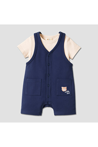 Juniors Boys Dungaree and T-shirt Set with Bear Print - Cotton - Short Sleeves - Crew Neck