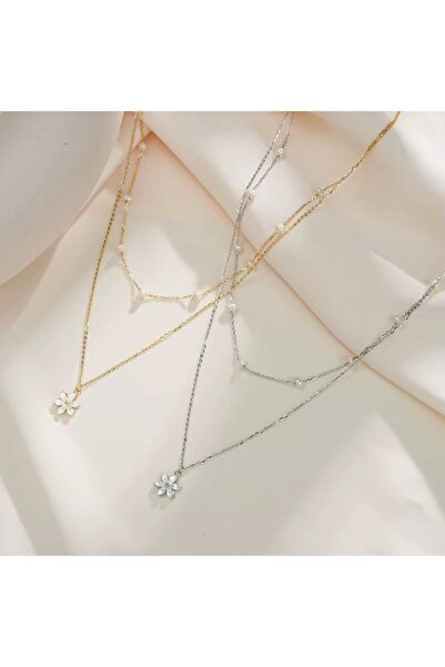 delis Αλυσίδα από ασήμι 925, JW1707, σχέδιο με διπλό λουλούδι, επιχρυσωμένη