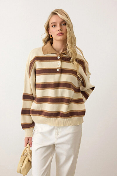 Cemre Life سترة تريكو نسائية مخططة بأزرار وياقة بولو