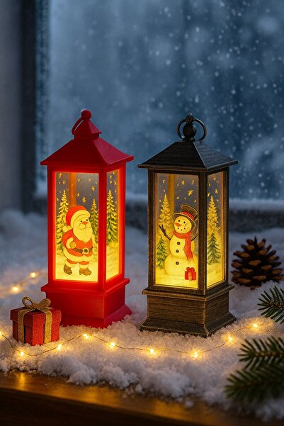 Deco Elit LED Işıklı Noel Feneri 2’li Set – Noel Baba & Kardan Adam Temalı Dekoratif Yılbaşı Lambası 14 Cm