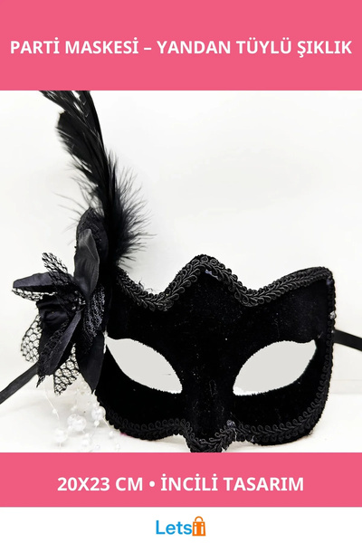 Letsii Şık Siyah Süet Yandan Tüylü İncili Parti Maskesi
