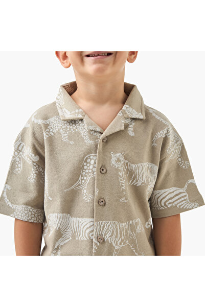 Juniors Boys Shirt and Shorts Set with Tiger Print - Cotton - Short Sleeves - Camp Collar