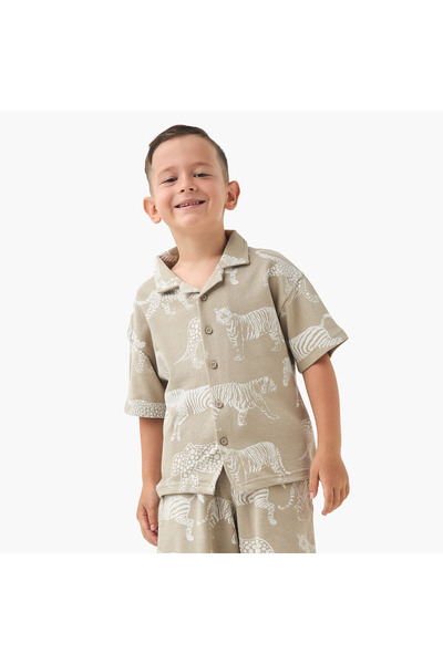 Juniors Boys Shirt and Shorts Set with Tiger Print - Cotton - Short Sleeves - Camp Collar