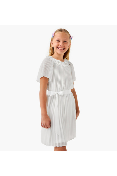 Juniors Pleated A-Line Dress with Tie-Up Belt and Short Sleeves