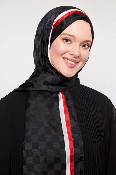 Levidor Siyah-Kırmızı Çizgili Dama Desen Monogram Şal