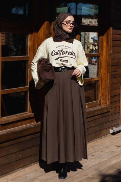 Ceylan Otantik Butter Yellow California Printed 3-Piece Body & Bitter Brown Polyviscon College Skirt Set