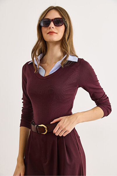 Olalook Women's Burgundy Striped Shirt Collar Soft Textured Blouse Blz-19003127