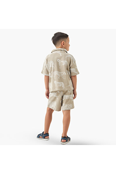 Juniors Boys Shirt and Shorts Set with Tiger Print - Cotton - Short Sleeves - Camp Collar