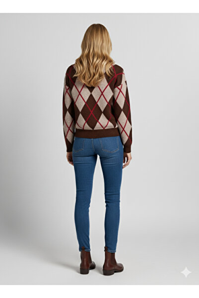 Ulino Long Sleeve Crew Neck Diamond Pattern Fleece-Lined Sweater