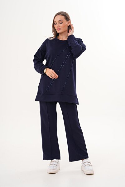 WestBound Verev Stone Embroidered Casual Women's Sports Set Dark Blue 718