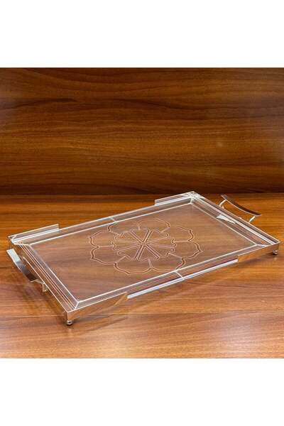 ALQANNAS Premium Engraved Acrylic Serving Tray with Silver Handles, Large Clear Decorative Tray