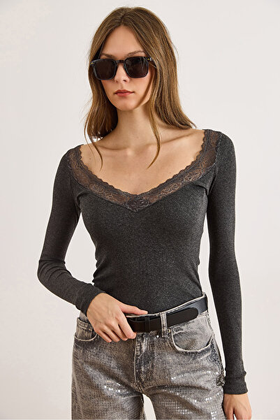 Olalook Women Anthracite Deep V Neck Lace Detailed Stretchy Cotton Blouse Blz-19002954
