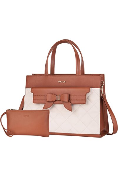 Mosiso Laptop Tote Bag, PU Leather Flapover with Clutch Purse, Work Bag with Bowknot