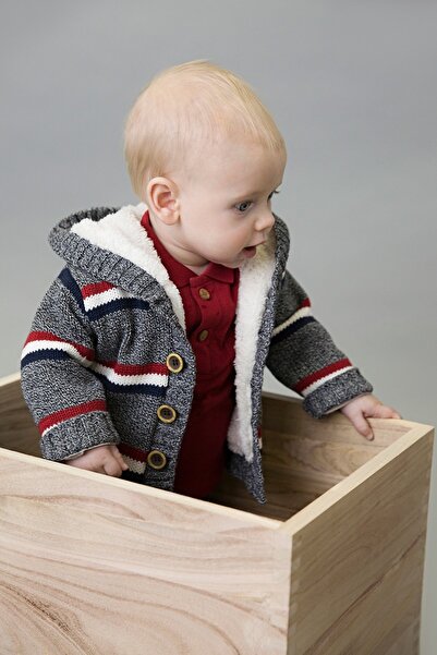 Dirkje Knitted cardigan, fur lined, striped