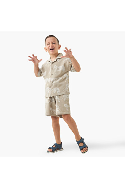 Juniors Boys Shirt and Shorts Set with Tiger Print - Cotton - Short Sleeves - Camp Collar