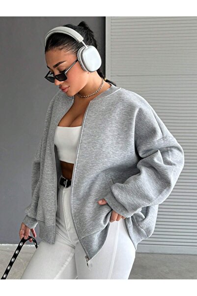 SİNGBADA Unisex Oversize GRİ Fermuarlı Bomber Kolej Ceket